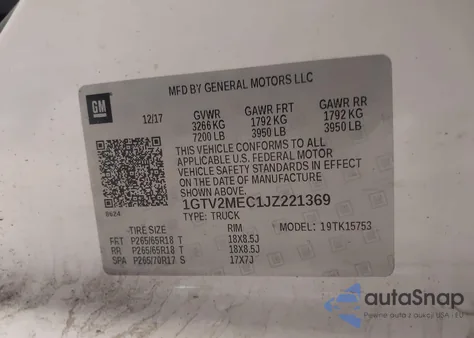 2018 GMC Sierra 1500 Sle z USA, uszkodzony, nr VIN 1GTV2MEC1JZ221369